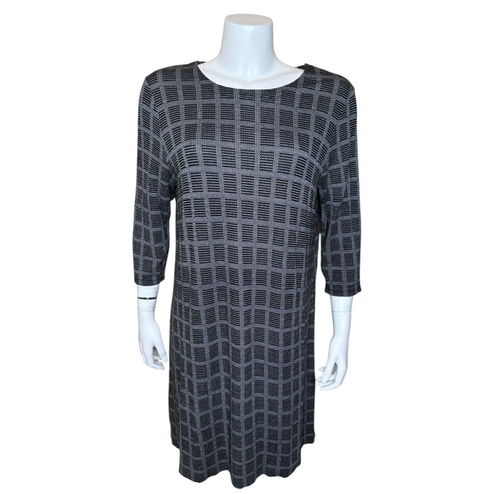 J Jill Wearever Plaid Shift Dress L Pullover A-Line Black Gray Career